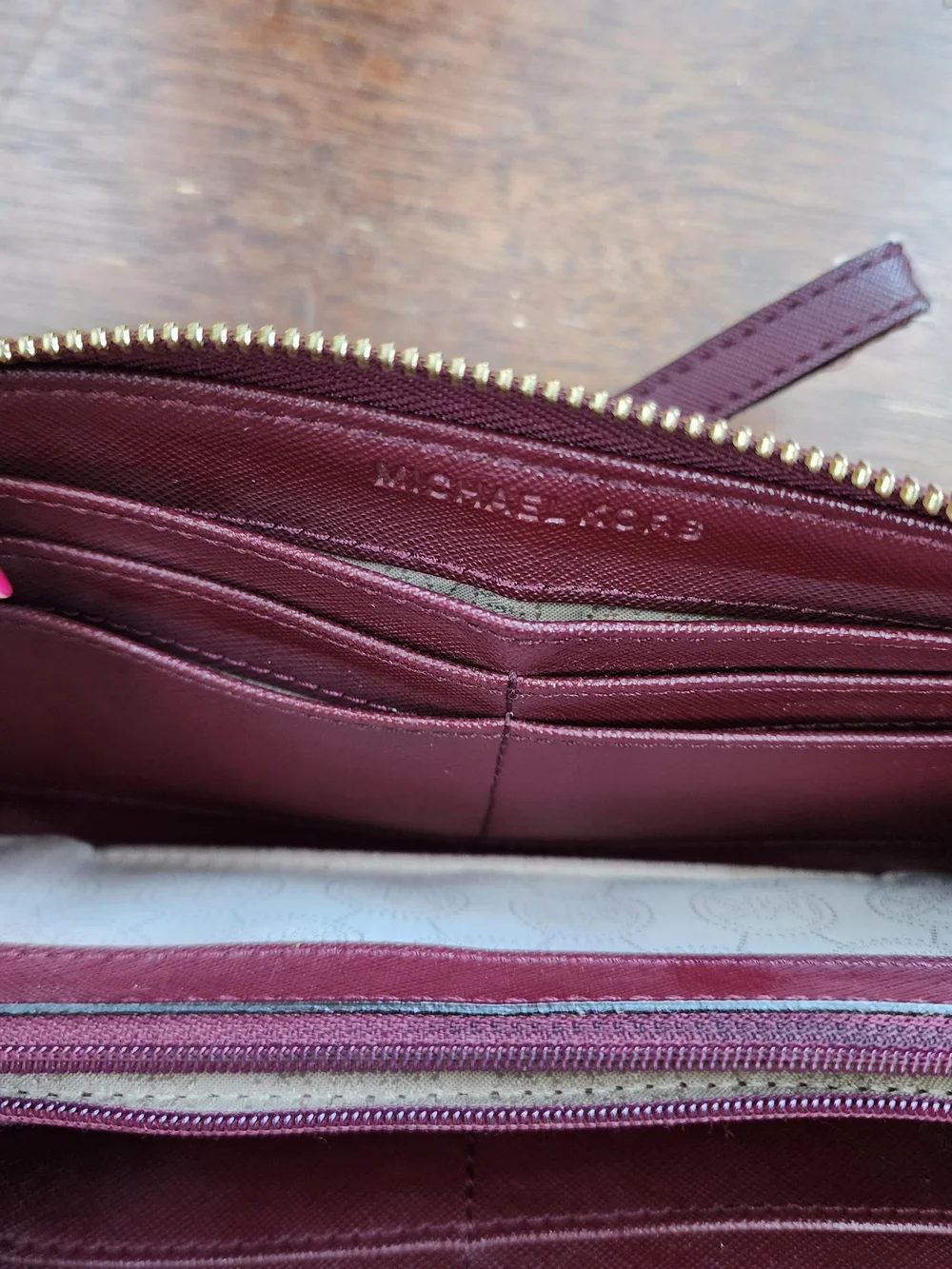 Michael Kors Burgundy Saffiano Leather Zip Around Wristlet Wallet